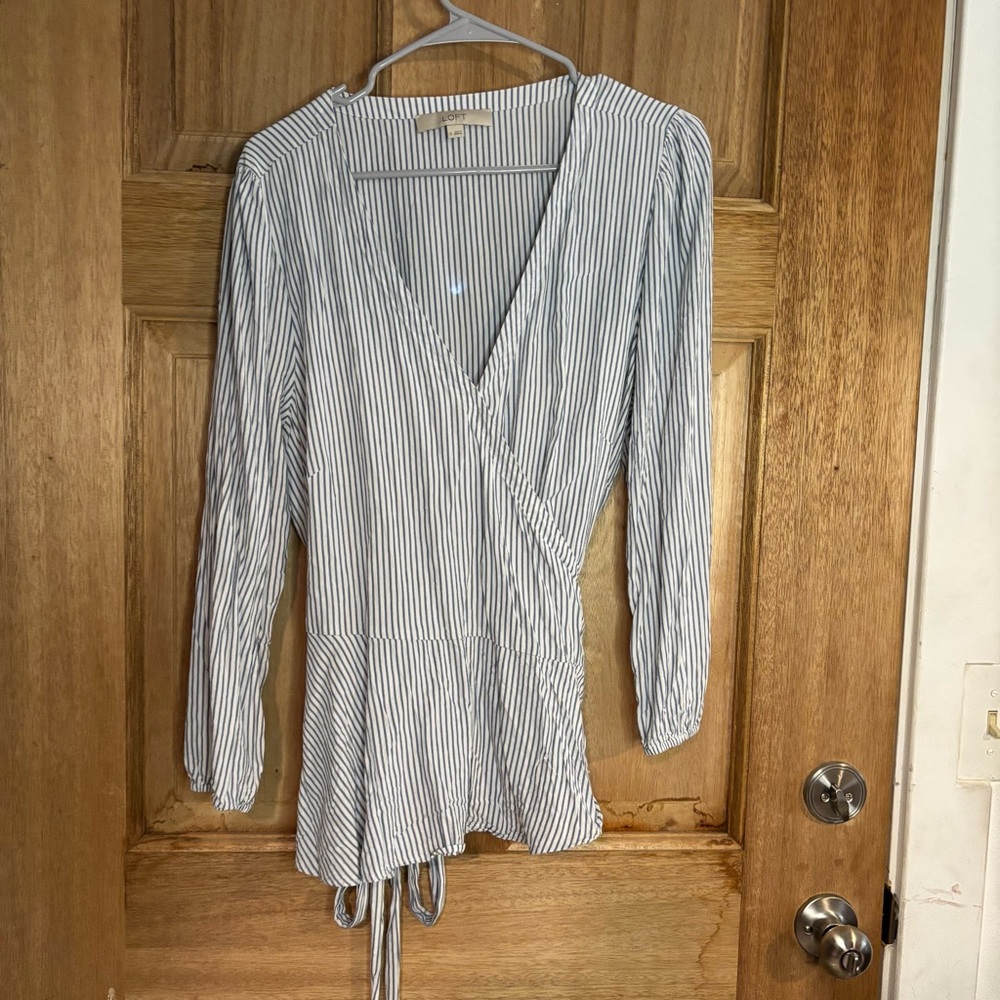 LOFT White and Navy Striped Wrap Blouse